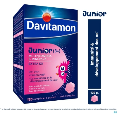 Afbeelding van Davitamon® Junior Framboos Multivitamines 120 Kauwtabletten Vanaf 3 Jaar