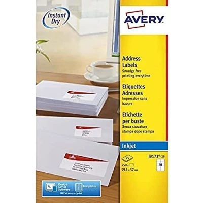 Afbeelding van Avery J8173 25 adreslabels, direct drogend, 99,1 mm x 57 mm, wit, 10 etiketten/vel, 250 etiketten (UK import)