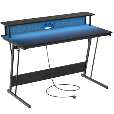 Afbeelding van VASAGLE Gamingbureau met geïntegreerde stekkerdoos, computerbureau standaard voor 2 schermen, slaapkamer, 55 x 135 76 cm, houtskoolzwart LWD117B02