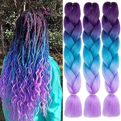 Afbeelding van FanYu Jumbo Vlechten Hair Extensions 3 Stks Ombre Haar Driekleurige Kanekalon 24 inch Synthetische (Donker Paars Lake Blauw Licht Paars)