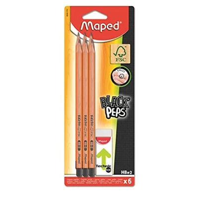 Afbeelding van Maped Technic 600 potloden grafiet HB en gum, ergonomisch driehoekig, stofvrij, set met 6 + witte gum
