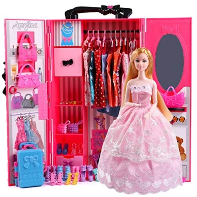 Afbeelding van UCanaan Kledingkast voor poppen, kledingkast, set poppenkleding (ook 11,5 inch Barbie poppen), 44 poppenaccessoires inbegrepen modepop, jurken, schoenen, tassen, kleerhangers en standaard