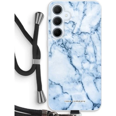 Afbeelding van Case Company® hoesje met Koord geschikt voor Samsung Galaxy A35 Blauw marmer Telefoonhoesje Zwart Bescherming aan alle Kanten en Over de Schermrand