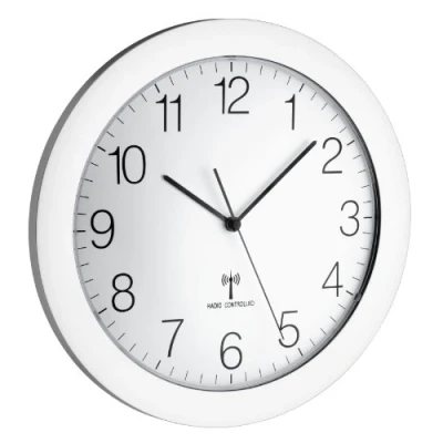 Afbeelding van TFA Dostmann Grote radiogestuurde wandklok, stil, zilverkleurig, 302 x 47 mm
