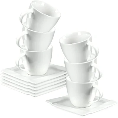 Afbeelding van KADAX Set van 6 kopjes en schoteltjes porselein, 220 ml, theeservies met schotel, dikwandige koffiekopjes (wit)