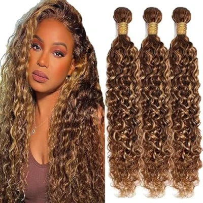 Afbeelding van Tuheerst Water Wave Human Hair Bundels Blonde Extensions Echt Haar Naai in Extension P427 Highlight 3 Double Weft Remy Minimal Shedding voor Vrouw 71 cm