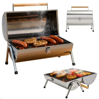 Afbeelding van Cheqo Draagbare Houtskoolbarbecue Compacte Cilinder BBQ RVS Tafelbarbecue Opvouwbare Mini Barbecue voor Camping, Tuin, Balkon &amp; Picknick Dubb