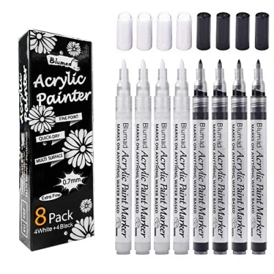Afbeelding van Acryl Verf Pennen Wit &amp; Zwart, 8 Pack 0,7 mm Permanente Marker Waterdicht Fijne Tip Rock Schilderen voor Steen Glas Metaal Porselein Papier Canvas Pebble Hout Leer DIY