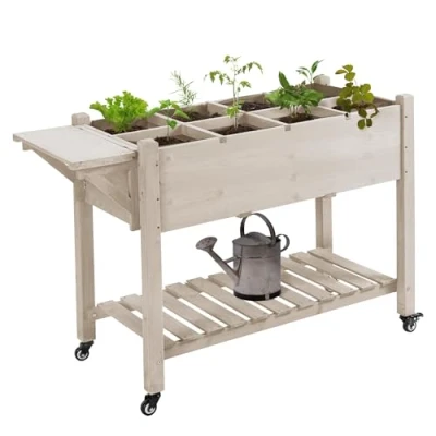 Afbeelding van Outsunny Plantenbak op voet Moestuin wielen plank, opklapbare irrigatie inzetstukken, inclusief drainagevilt, voorgeolied dennenhout, afmetingen: 123 l x 54 b 87 h cm