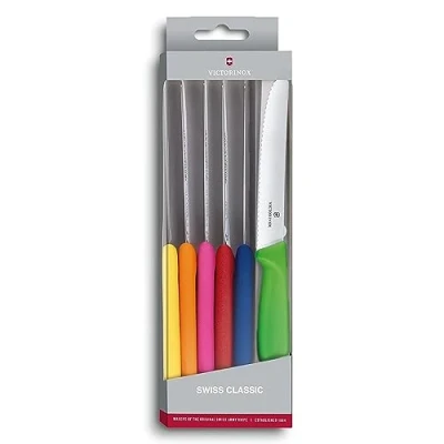 Afbeelding van Victorinox 6.7839.6G Tomatenset „SwissClassic 11 cm bont 6 delig, golfsnede Geel, Oranje, Pink, Rood, Blauw, Lichtgroen