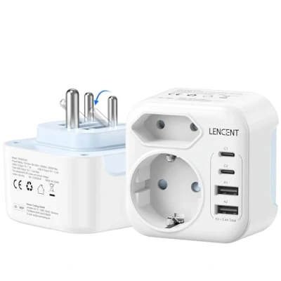 Afbeelding van LENCENT Reisadapter Frankrijk naar India met 2 USB C en A, adapter type D 6 in 1 opvouwbare Indiase stekkeradapter voor Sri Lanka, Nepal, Niger, Libanon, Ghana, Myanmar, Senegal