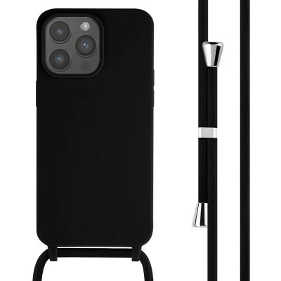 Afbeelding van iPhone 15 Pro Max hoesje met koord iMoshion Siliconen Zwart