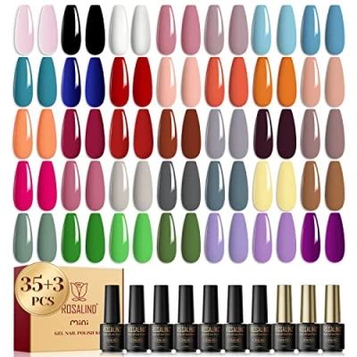 Afbeelding van ROSALIND semi permanente nagellak, 38 stuks, 35 kleuren + 1 basis toplaag glanzend, toplaag, mat, set gelnagellak, roze, zwart, wit, UV, LED, nagellak