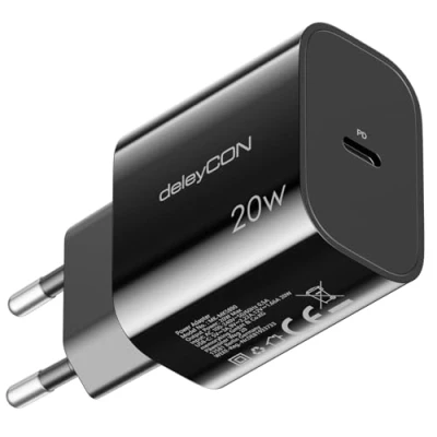 Afbeelding van deleyCON USB C oplader (20W snellader) 1 poort voor iPhone 15 Pro Max 14 13 12 11 iPad Galaxy S24/S23 Pixel, PD 3.0 mobiele telefoon, zwart