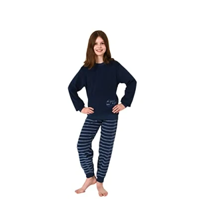 Afbeelding van Meisjes pyjama lange mouwen badstof met manchetten strepen broek 212 401 13 800, Navy Blauw