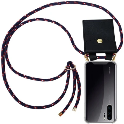 Afbeelding van Cadorabo Hoesje geschikt voor Huawei P30 PRO in BLAUW ROOD WITTE STIP Silicone Mobiele telefoon ketting beschermhoes met gouden ringen, koordriem en afneembare etui