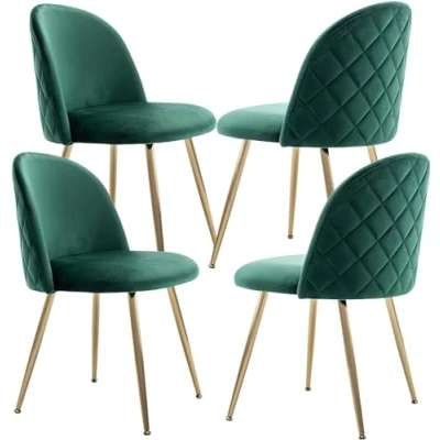 Afbeelding van JINPALAY Eetkamerstoelen, keukenstoelen, gestoffeerd, fluweel, modern, met rugleuning, goudkleurige poten, groen, 4 stuks