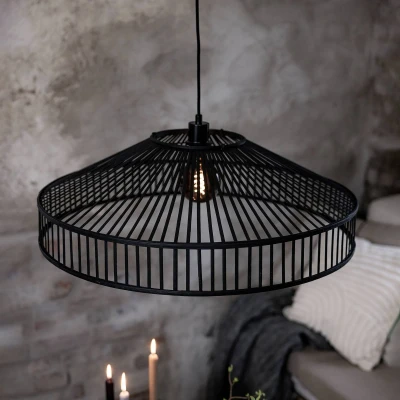 Afbeelding van Tapa hanglamp, stekker, zwart, bamboe, Ø 70 cm