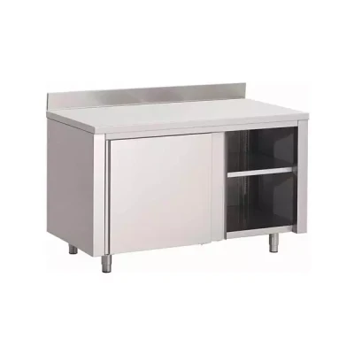 Afbeelding van Gastro M RVS werktafel met schuifdeuren en achteropstand 88x120x70cm