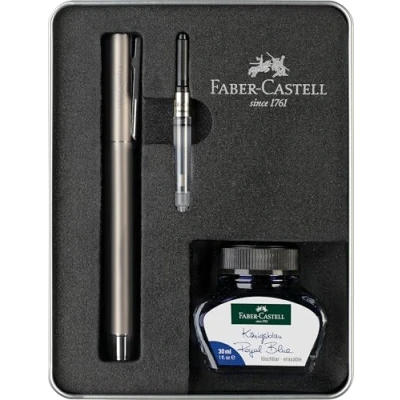 Afbeelding van Faber Castell 149627 Neo Slim schrijfset roestvrij staal mat met M vulpen, 30 ml inktreservoir en converter