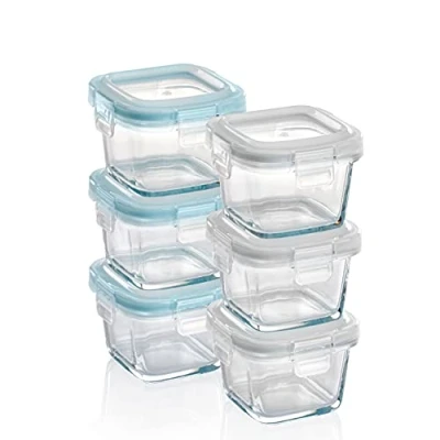 Afbeelding van Grizzly Glazen vershoudschalen met deksel, voor babyvoeding, 6 stuks, vierkant, 160 ml, luchtdicht, BPA vrij