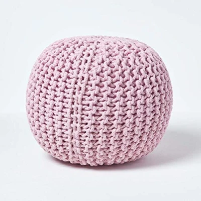 Afbeelding van Homescapes Rond gebreide poef 100% katoen Pastel Roze 35x40 cm