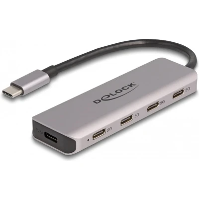 Afbeelding van Delock USB 5 Gbps 4 poorts Type C hub met aansluiting (USB C, 4 Havens), Docking station + hub, Grijs