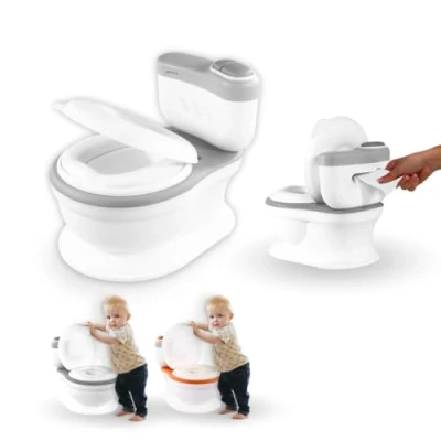 Afbeelding van Mobiclinic TOIKID Plaspotje Kindertoilet Toiletstoel Toilettrainer Met Muziek &amp; Flush knop deksel en WC Rolhouder Voor Kind, Peuter Baby Afneembare emmer 1 tot 6 jaar Makkelijk schoon te maken Oranje Wit