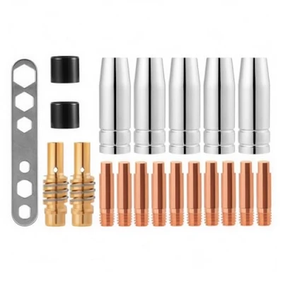 Afbeelding van CESFONJER MIG/MAG 20 stuks slijtagedelen compatibel met MB15 0,8 mm draaddiameter 5 gassproeiers 2 spuitmonden 10 M6 toevoersproeiers isolatoren 1 gereedschap