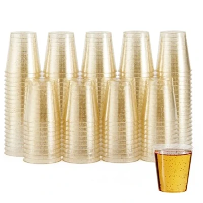 Afbeelding van MATANA 60 herbruikbare borrelglazen van transparant kunststof met gouden glitter, 30 ml, stevige shooterglazen voor feesten, bruiloften, verjaardagen, proeven