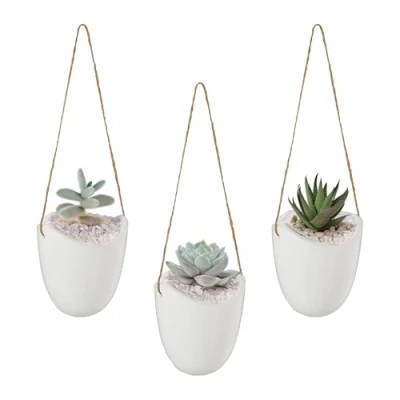 Afbeelding van Relaxdays hangende bloempot set van 3 met touw binnen keramiek wandvaas wit
