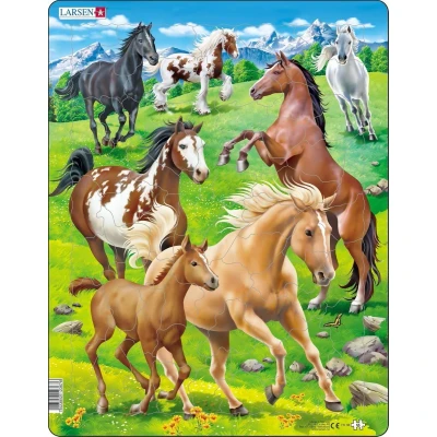 Afbeelding van Larsen FH38 Framepuzzel voor kinderen, galopperende paarden op bergweide, puzzel vanaf 6 jaar, leuke kinderpuzzel met 65 stukjes, speelplezier en leren