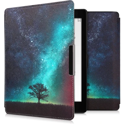 Afbeelding van kwmobile E reader hoesje geschikt voor Kobo Aura ONE hoes flip case met magnetische sluiting Ereader cover Sterrenstelsel en Boom design in blauw / grijs zwart