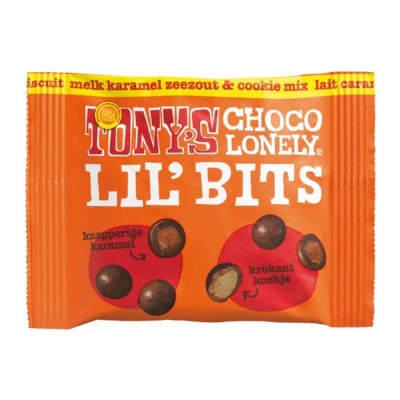 Afbeelding van Tony’s Chocolonely Lil’Bits Melk Karamel Zeezout &amp; Cookie Mix (15x 40gr)