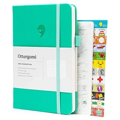 Afbeelding van Ottergami Notitieboek A5 Notebook Journal met Puntjes Hoogwaardig Dik Papier 100g/m² 192 pagina’s Bullet Blauw/Groen Dagboek Vegan Lederen Kaft Blue/Green Hardcover Bonus: set van 140 Stickers