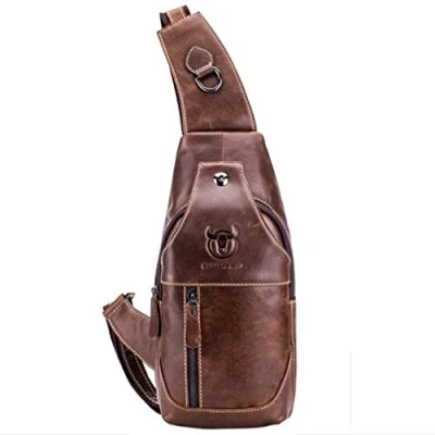 Afbeelding van Leren Sling Bag Rugzak voor Heren Dames Crossbody Schouder Borst Dagrugzak Rugzakken Outdoor Reizen Wandelen Kamperen Casual Bruin