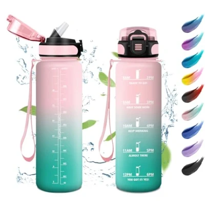 Afbeelding van Gourde Sport 1L, Bouteille d&#039;eau Sport, Marqueur de Temps, avec Paille, Motivation, Étanche et Réutilisable, pour Voyage, Yoga, l&#039;école, Cyclisme, Gym, Randonnée