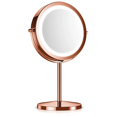 Afbeelding van Navaris ronde spiegel met verlichting Make up LED Dubbelzijdig 5x vergroting 360 draaibaar Diameter 17cm Koper