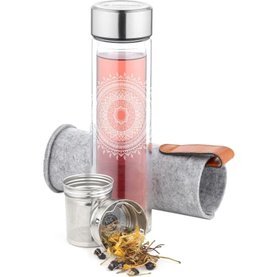 Afbeelding van Navaris glazen theefles met filter 500 ml Waterfles van glas Dubbelwandige drinkfles Fles dop, thee infuser en hoes Indian Sun