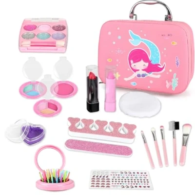 Afbeelding van STAY GENT Echte kinderschmink voor meisjes, kinderschminkset met schattige zeemeerminnencosmeticatas, wasbaar, kindercadeaus kleine prinses