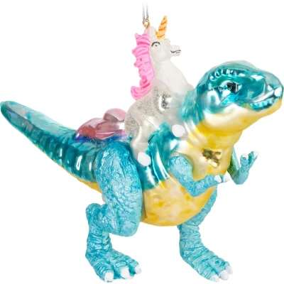 Afbeelding van BRUBAKER Handgeschilderde Glazen Kerstbal Grappig Motief Handgeblazen Kerstboom Decoratie Figurines Grappige Deco Hanger Boombal Kerst Eenhoorn op dinosaurus