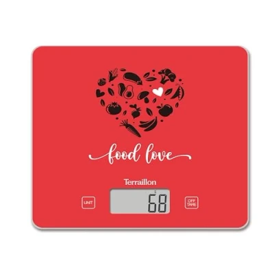 Afbeelding van TERRAILLON T1040 FOOD LOVE Elektronische keukenweegschaal, glasplaat, capaciteit 3 kg, schaal 1 g, tarra, vloeistofomzetting, ultradun en compact LCD display Rood