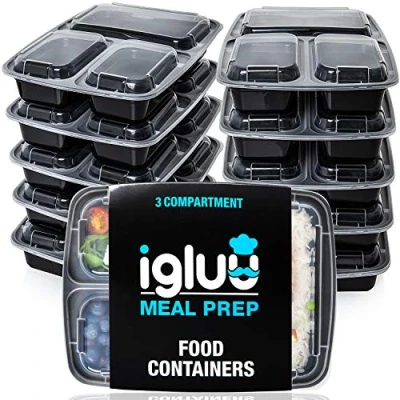 Afbeelding van Igluu Meal Prep, Voedselcontainers met 3 vakken voor het bereiden van maaltijden, herbruikbaar, BPA vrij, geschikt magnetron, vaatwasser en vrieskast, 20 stuks