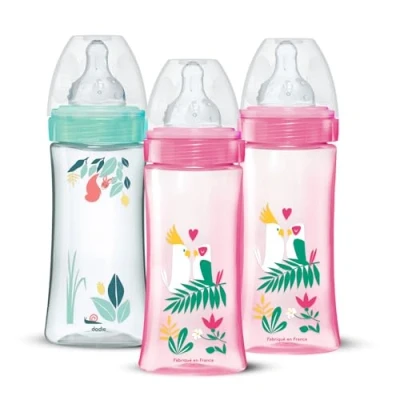 Afbeelding van Set van 3 Anti koliek babyflessen DODIE Ronde spenen 330 ml +6 maanden snelheden Debiet Roze en groen