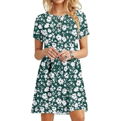 Afbeelding van MOLERANI Casual T shirt jurk met korte mouwen voor dames strand en zomer, Groene diasy