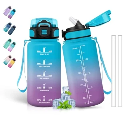 Afbeelding van Gourde de 500 ml pour enfants, avec paille, facile à nettoyer, anti fuite, marquage du temps, l&#039;école, les voyages, le camping, bleu violet