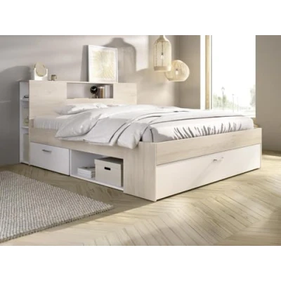 Afbeelding van Vente unique Bed met hoofdeinde opbergruimte en lade 180 x 200 cm Kleur: naturel wit + Bedbodem LEANDRE L 228.5 H 95 D 189.5