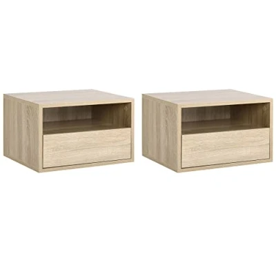 Afbeelding van HOMCOM set van 2 Nachtkastjes voor wandmontage, nachtkastjes, schuiflade, nis, dienblad, spaanplaat, licht eiken look