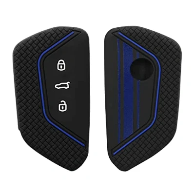 Afbeelding van kwmobile Autosleutel hoesje geschikt voor VW Golf 8 3 knops behuizing in blauw / zwart Rallystrepen design