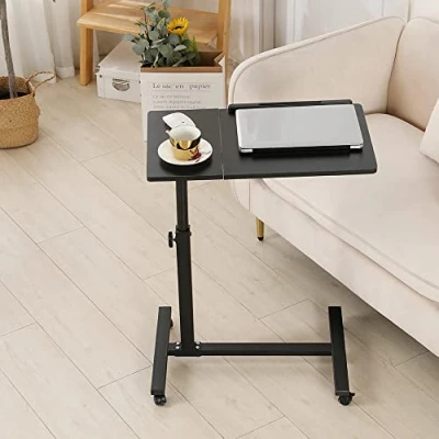Afbeelding van Bijzettafel met wieltjes, voor bed en bank, in hoogte verstelbaar, kantelbaar tafelblad, houtkleur 60 x 34,5 58 90 cm (zwart)